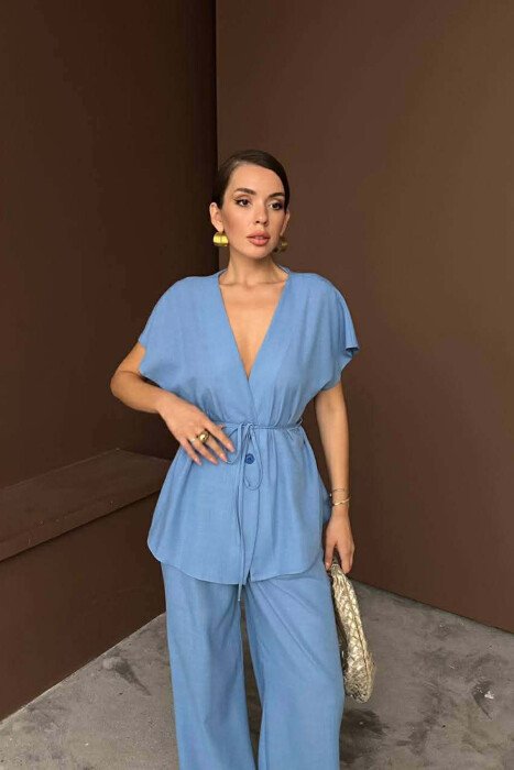 ONE COLOR LACING SHORT SLEEVE SHIRT + TROUSERS WOMEN SET BLUE/BLU - 4