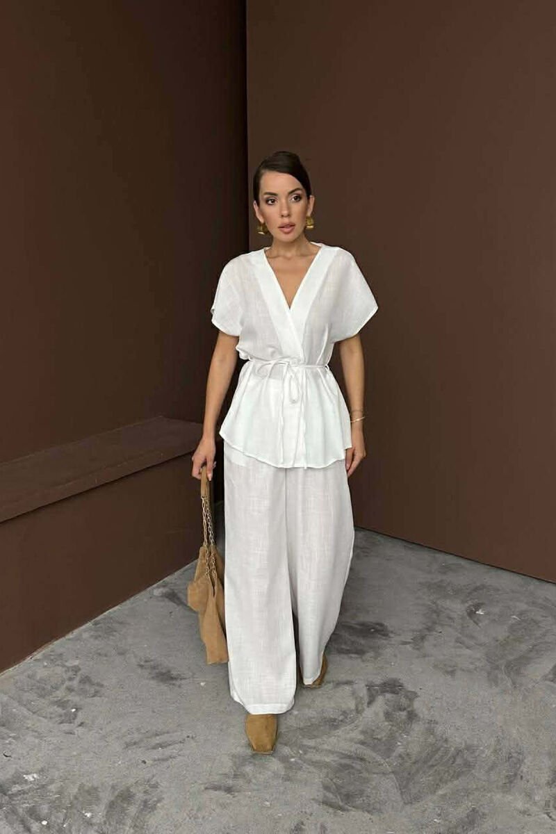ONE COLOR LACING SHORT SLEEVE SHIRT + TROUSERS WOMEN SET WHITE-E BARDHE - 1