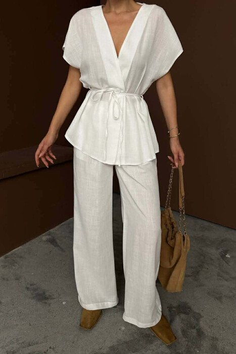 ONE COLOR LACING SHORT SLEEVE SHIRT + TROUSERS WOMEN SET WHITE-E BARDHE - 2