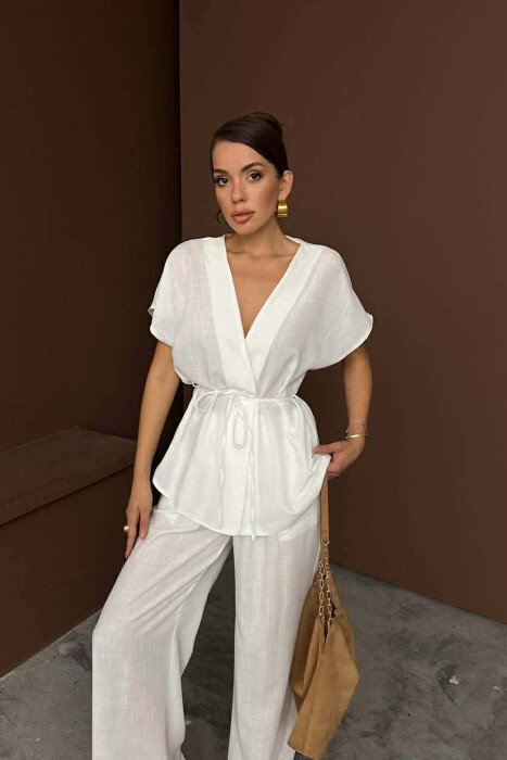 ONE COLOR LACING SHORT SLEEVE SHIRT + TROUSERS WOMEN SET WHITE-E BARDHE - 3