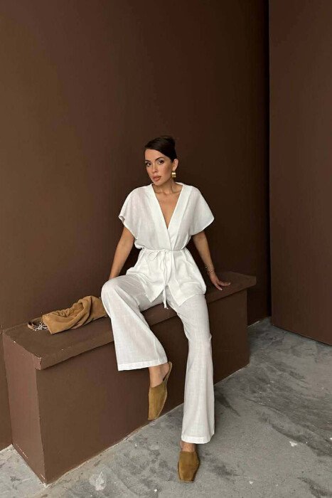 ONE COLOR LACING SHORT SLEEVE SHIRT + TROUSERS WOMEN SET WHITE-E BARDHE - 4