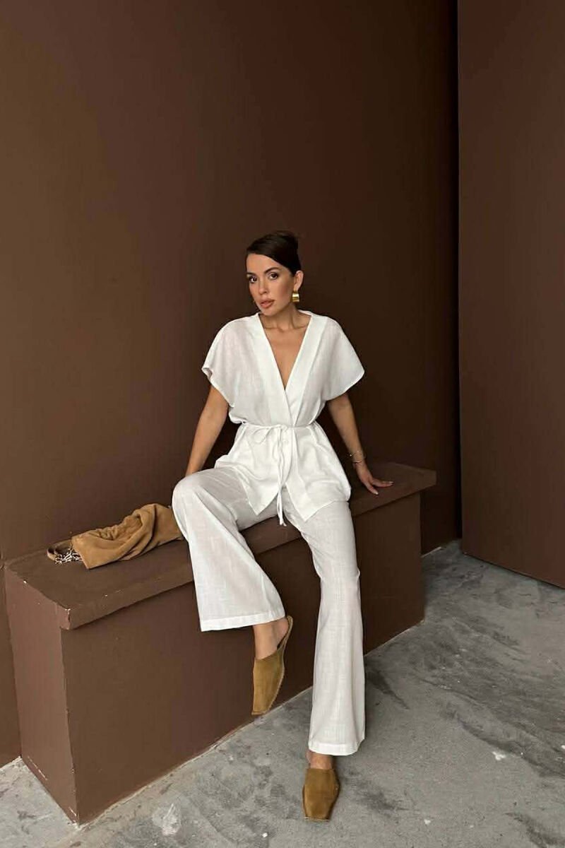 ONE COLOR LACING SHORT SLEEVE SHIRT + TROUSERS WOMEN SET WHITE-E BARDHE - 4