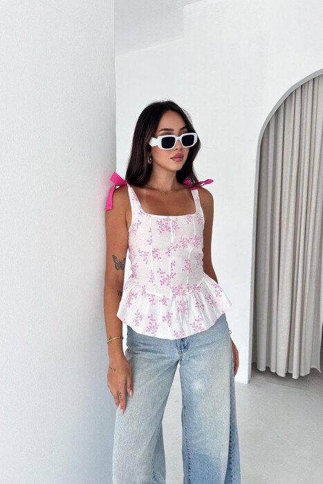 ONE COLOR LACING SHOULDERS WOMEN TANK TOP WHITE-PINK/BARO - 