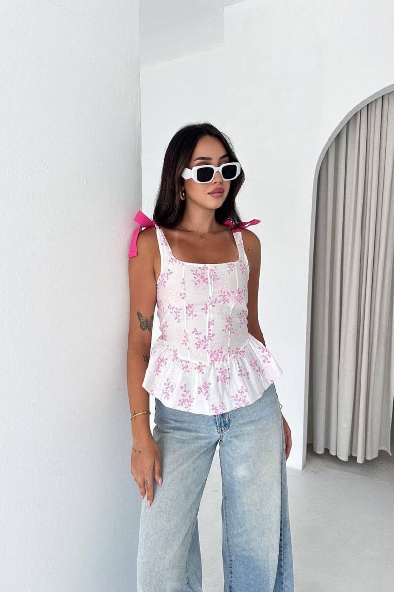 ONE COLOR LACING SHOULDERS WOMEN TANK TOP WHITE-PINK/BARO - 1