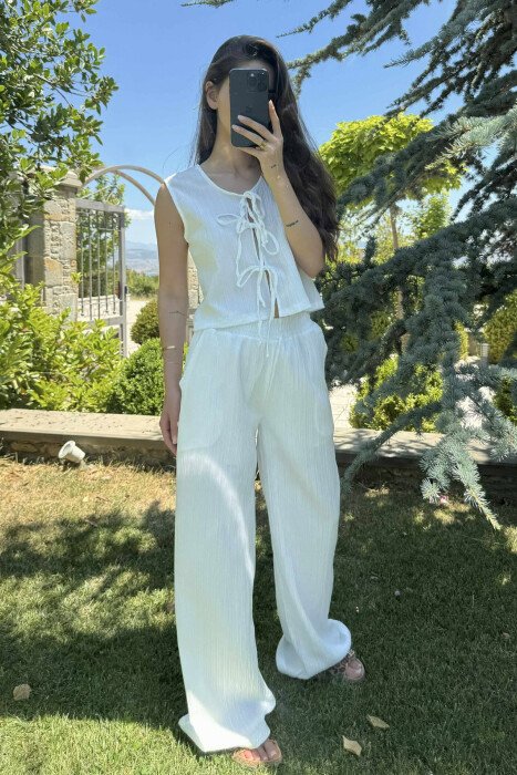 ONE COLOR LACING TANK TOP+TROUSERS WOMEN SET WHITE-E BARDHE - KLAUDIO FASHION