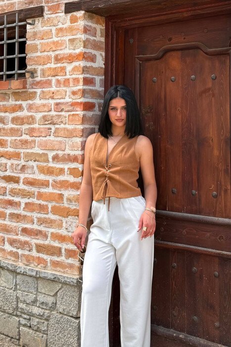 ONE COLOR LACING V NECK WOMAN VEST BROWN/KAFE - 2