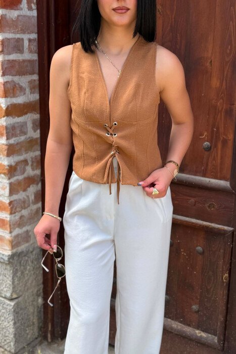 ONE COLOR LACING V NECK WOMAN VEST BROWN/KAFE - 4
