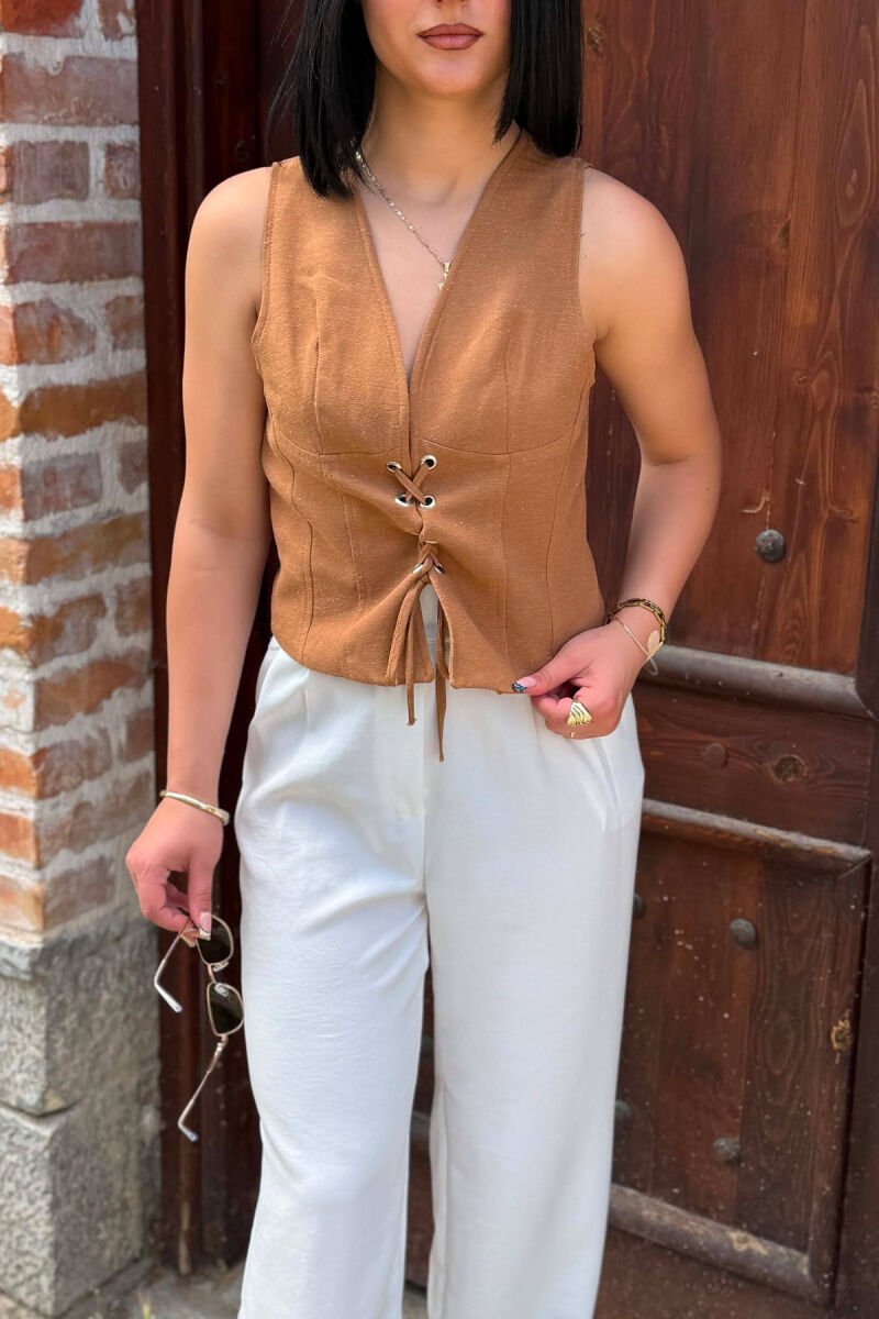 ONE COLOR LACING V NECK WOMAN VEST BROWN/KAFE - 4