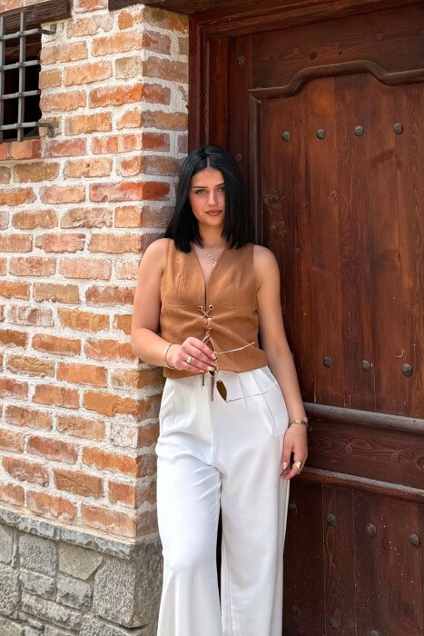 ONE COLOR LACING V NECK WOMAN VEST BROWN/KAFE - 5