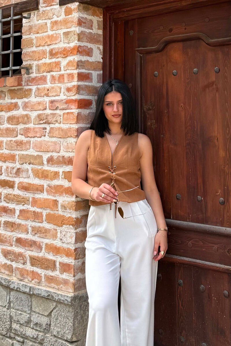 ONE COLOR LACING V NECK WOMAN VEST BROWN/KAFE - 5