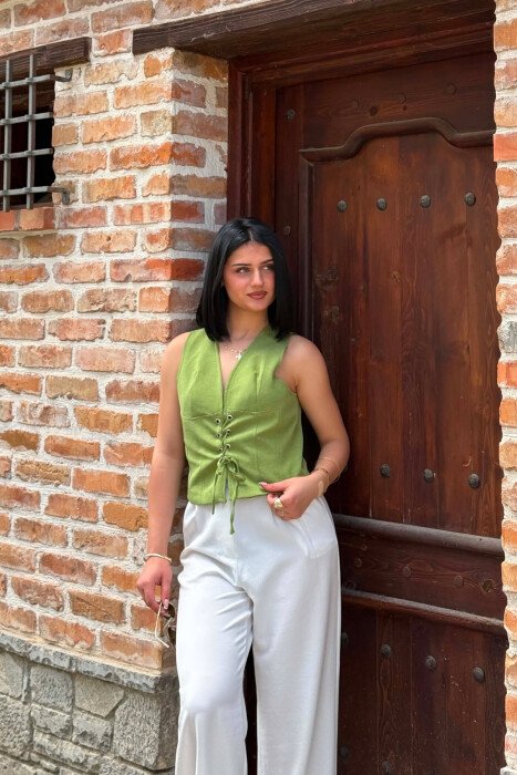 ONE COLOR LACING V NECK WOMAN VEST GREEN/JESHILE - KLAUDIO FASHION