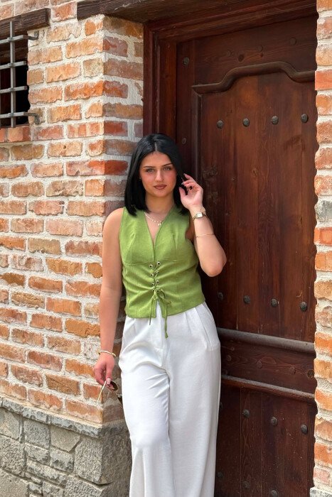 ONE COLOR LACING V NECK WOMAN VEST GREEN/JESHILE - 4