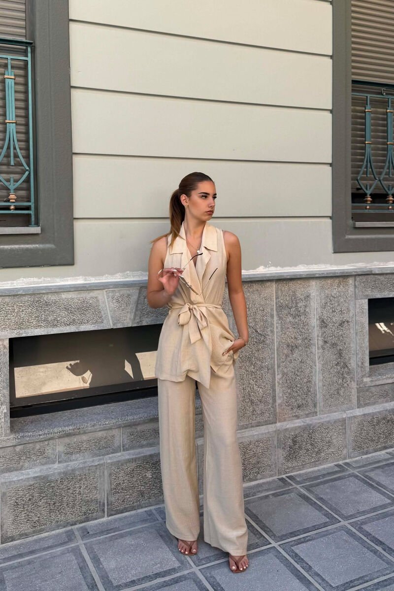 ONE COLOR LACING VEST+ TROUSERS WOMAN TWO PIECE SET BEIGE/BEZHE - 1