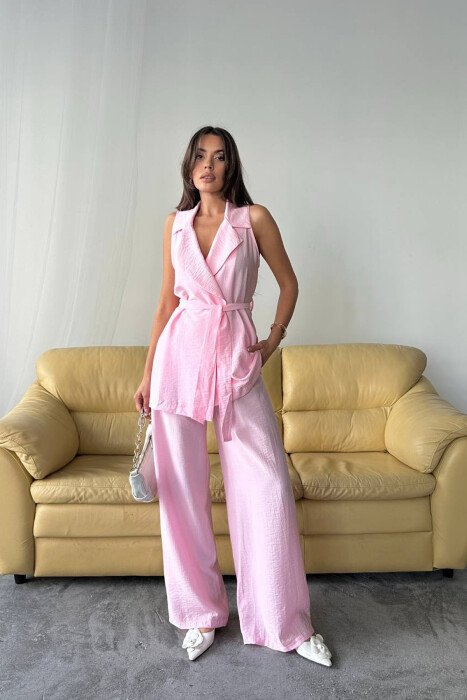 ONE COLOR LACING VEST+ TROUSERS WOMAN TWO PIECE SET PINK/ROZE - 1