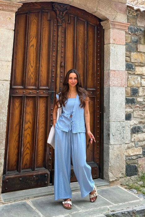 ONE COLOR LACING VEST+CROP TOP+TROUSERS WOMAN SET BABY BLUE/BLU BY 