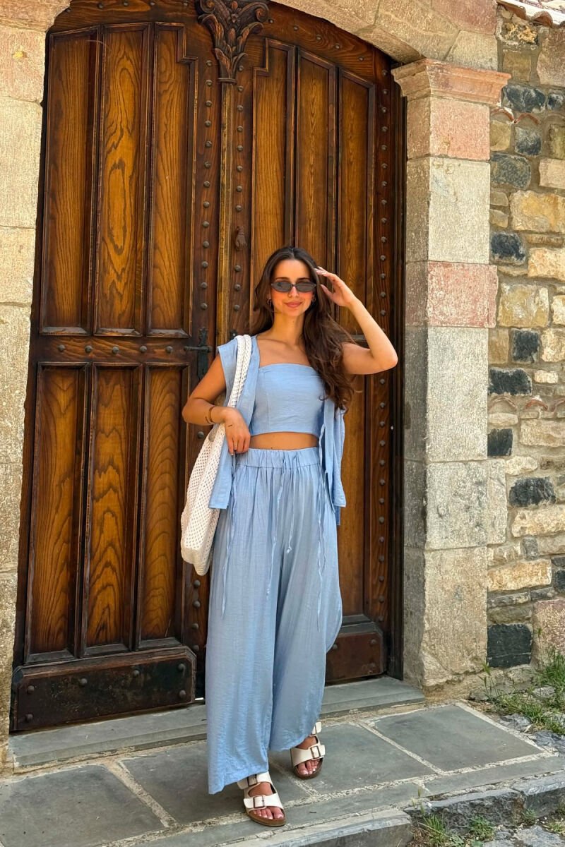 ONE COLOR LACING VEST+CROP TOP+TROUSERS WOMAN SET BABY BLUE/BLU BY - 4