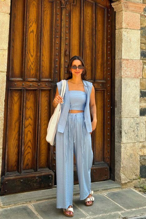 ONE COLOR LACING VEST+CROP TOP+TROUSERS WOMAN SET BABY BLUE/BLU BY - 5