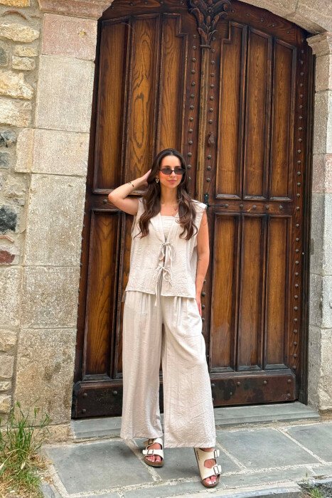 ONE COLOR LACING VEST+CROP TOP+TROUSERS WOMAN SET BEIGE/BEZHE - 1