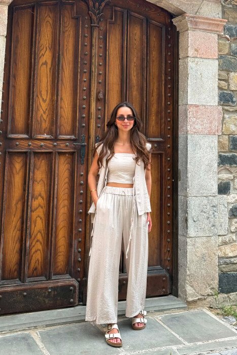 ONE COLOR LACING VEST+CROP TOP+TROUSERS WOMAN SET BEIGE/BEZHE - 3