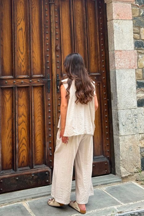 ONE COLOR LACING VEST+CROP TOP+TROUSERS WOMAN SET BEIGE/BEZHE - 4