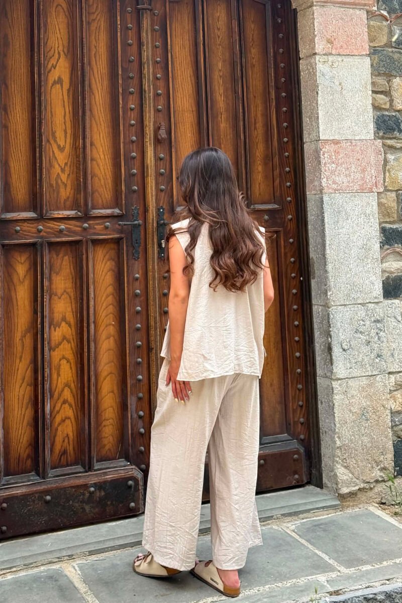ONE COLOR LACING VEST+CROP TOP+TROUSERS WOMAN SET BEIGE/BEZHE - 4