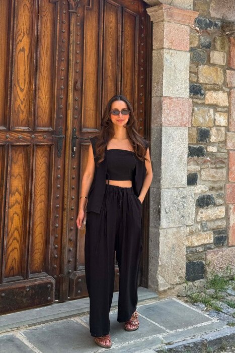 ONE COLOR LACING VEST+CROP TOP+TROUSERS WOMAN SET BLACK/ E ZEZE - 2