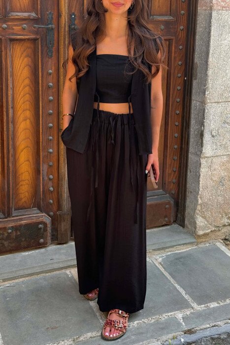 ONE COLOR LACING VEST+CROP TOP+TROUSERS WOMAN SET BLACK/ E ZEZE - 5