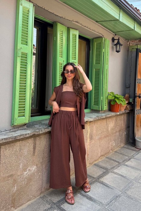 ONE COLOR LACING VEST+CROP TOP+TROUSERS WOMAN SET DARK BROWN/KAE 