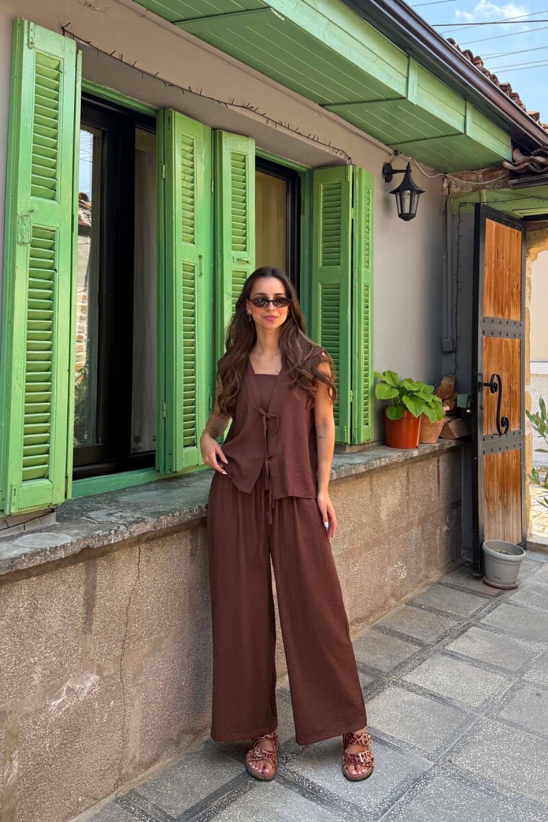 ONE COLOR LACING VEST+CROP TOP+TROUSERS WOMAN SET DARK BROWN/KAE - 2