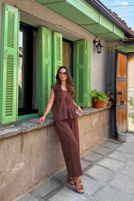 ONE COLOR LACING VEST+CROP TOP+TROUSERS WOMAN SET DARK BROWN/KAE - 3