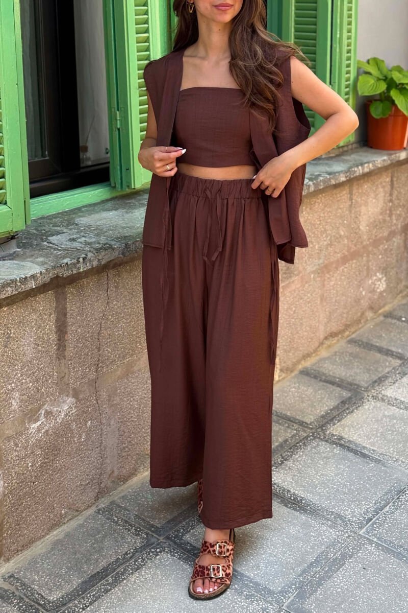 ONE COLOR LACING VEST+CROP TOP+TROUSERS WOMAN SET DARK BROWN/KAE - 4