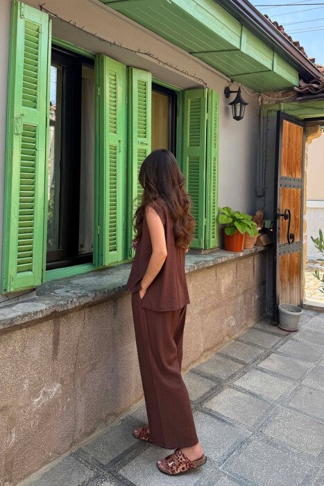 ONE COLOR LACING VEST+CROP TOP+TROUSERS WOMAN SET DARK BROWN/KAE - 6