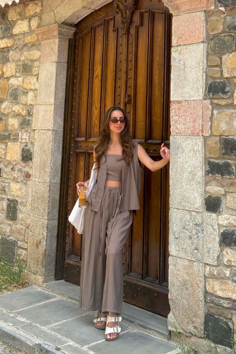 ONE COLOR LACING VEST+CROP TOP+TROUSERS WOMAN SET DARK GREY/GEE - 3