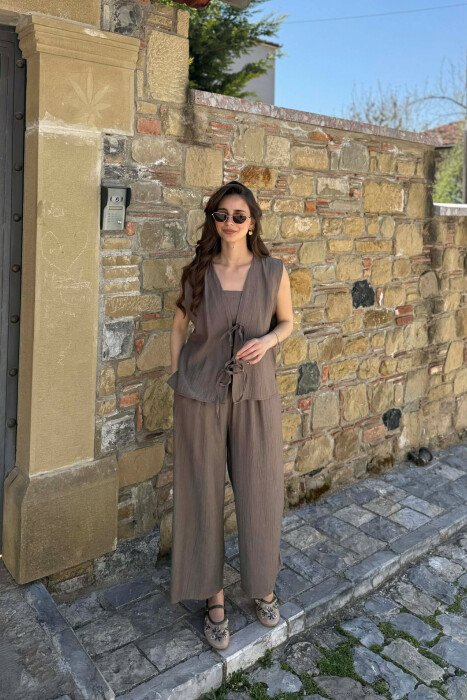 ONE COLOR LACING VEST+CROP TOP+TROUSERS WOMAN SET DARK KHAKI/KAKI E ERRET 