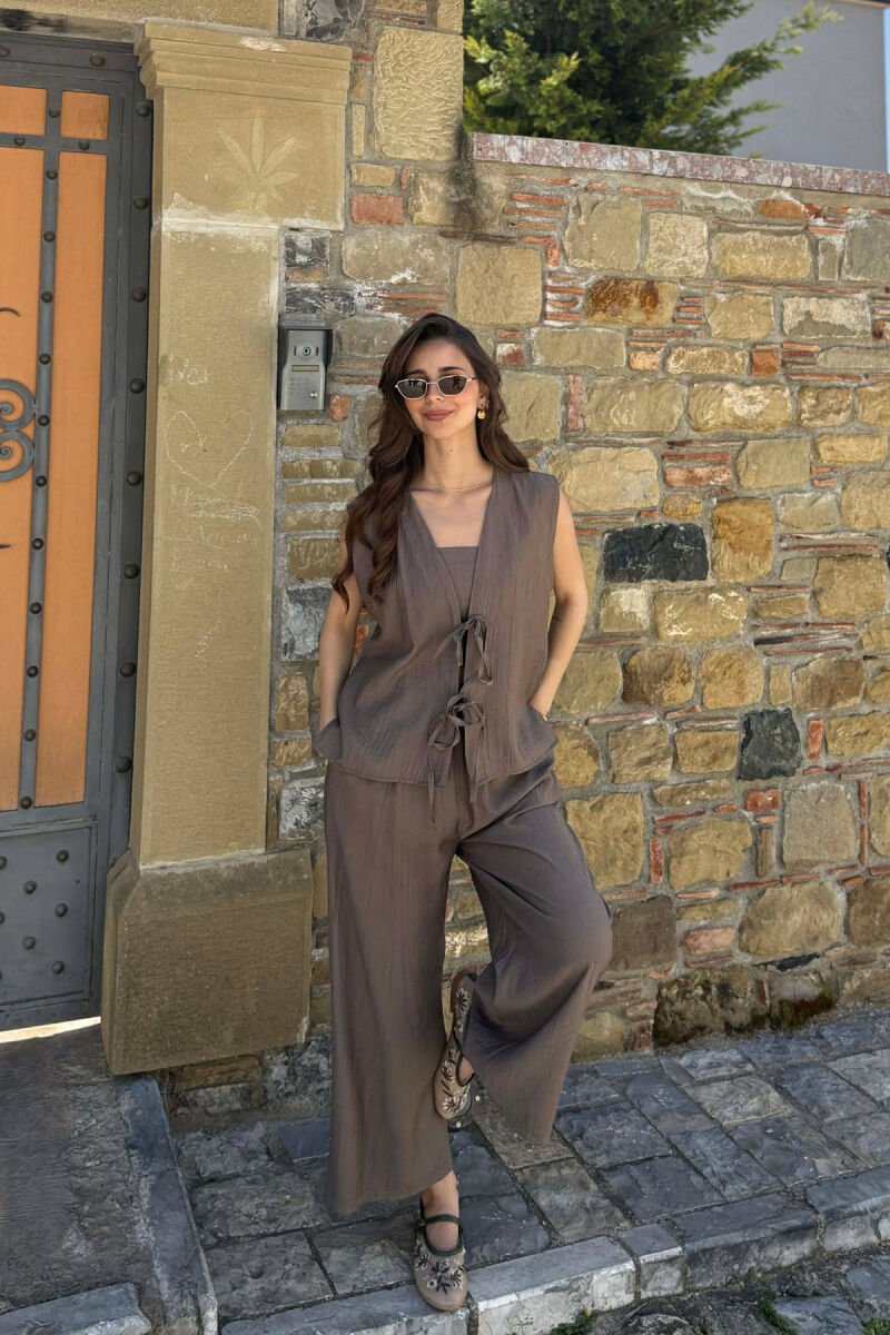ONE COLOR LACING VEST+CROP TOP+TROUSERS WOMAN SET DARK KHAKI/KAKI E ERRET - 7