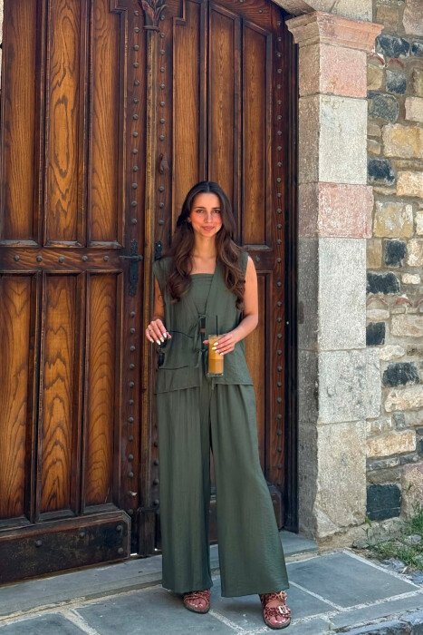 ONE COLOR LACING VEST+CROP TOP+TROUSERS WOMAN SET GREEN/JESHILE 