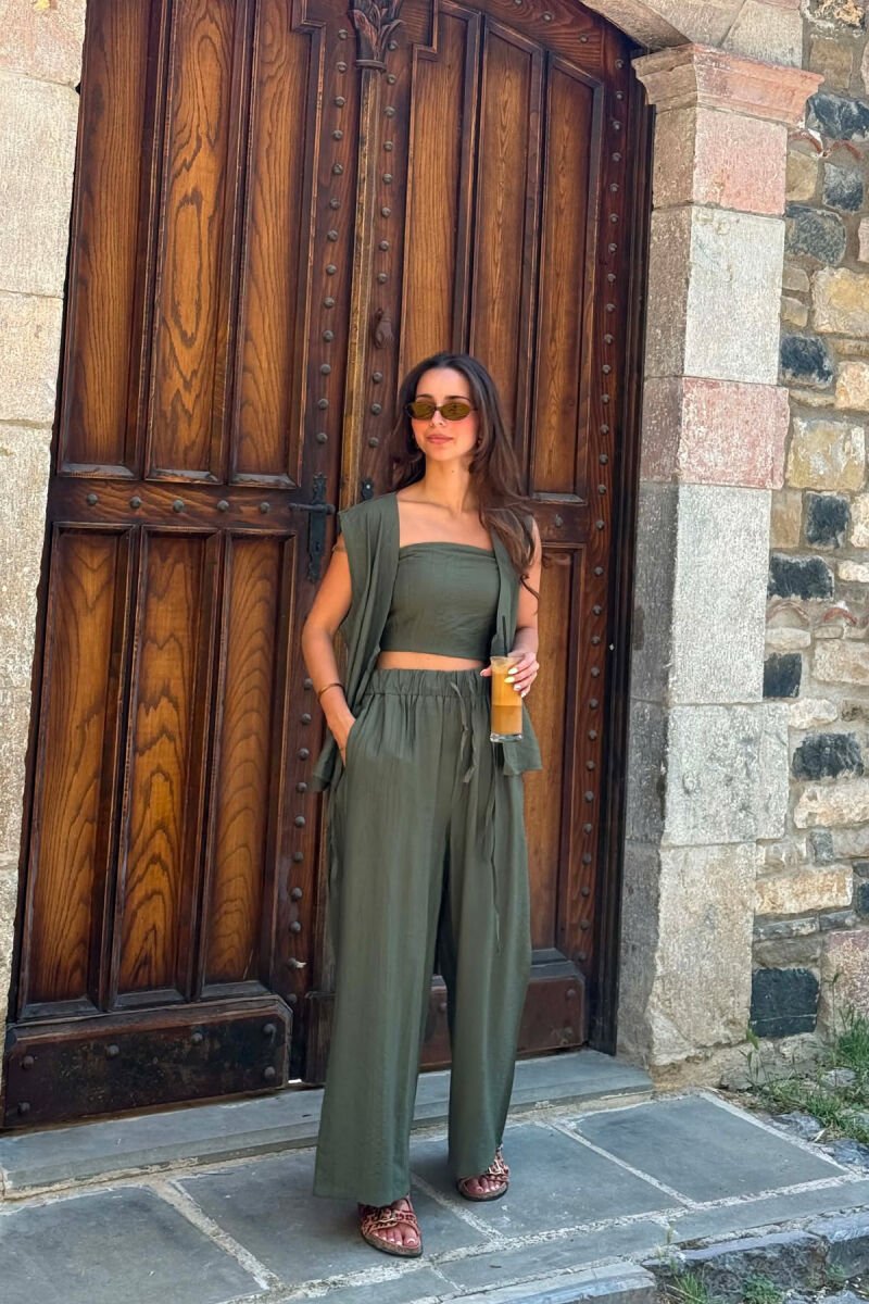ONE COLOR LACING VEST+CROP TOP+TROUSERS WOMAN SET GREEN/JESHILE - 2