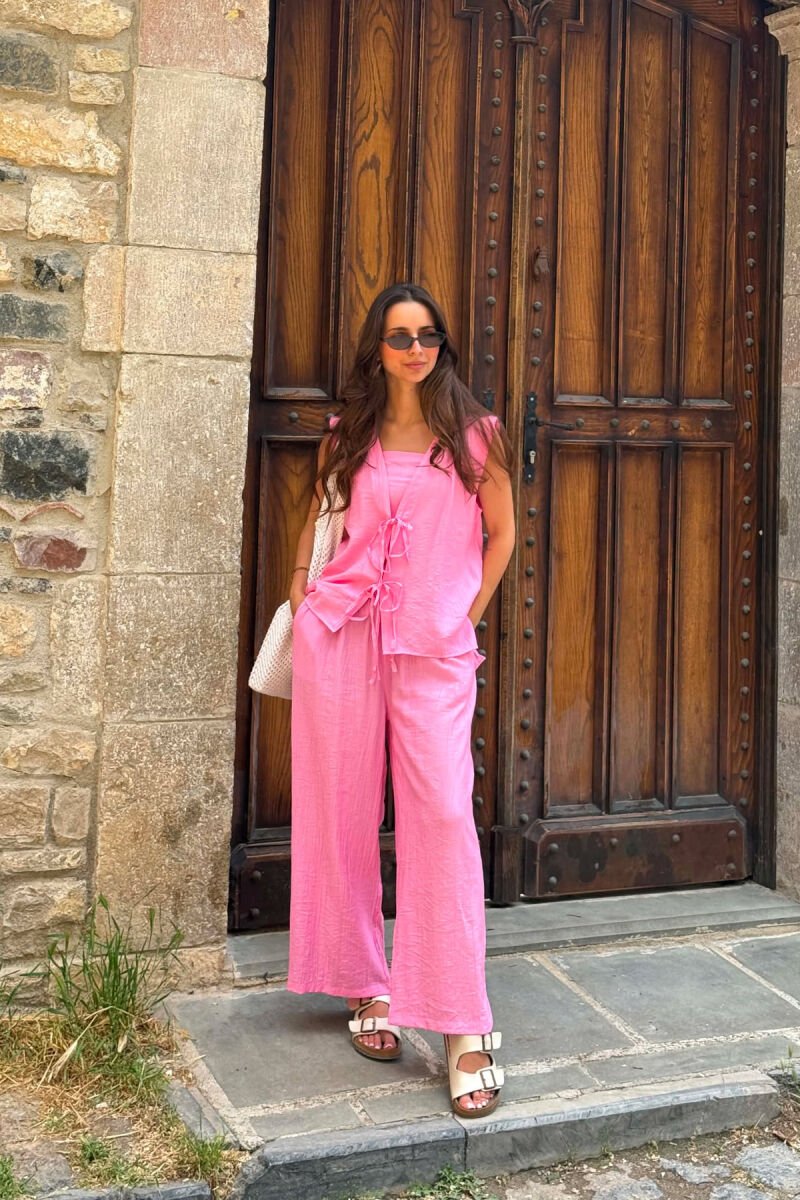 ONE COLOR LACING VEST+CROP TOP+TROUSERS WOMAN SET PINK/ROZE - 1