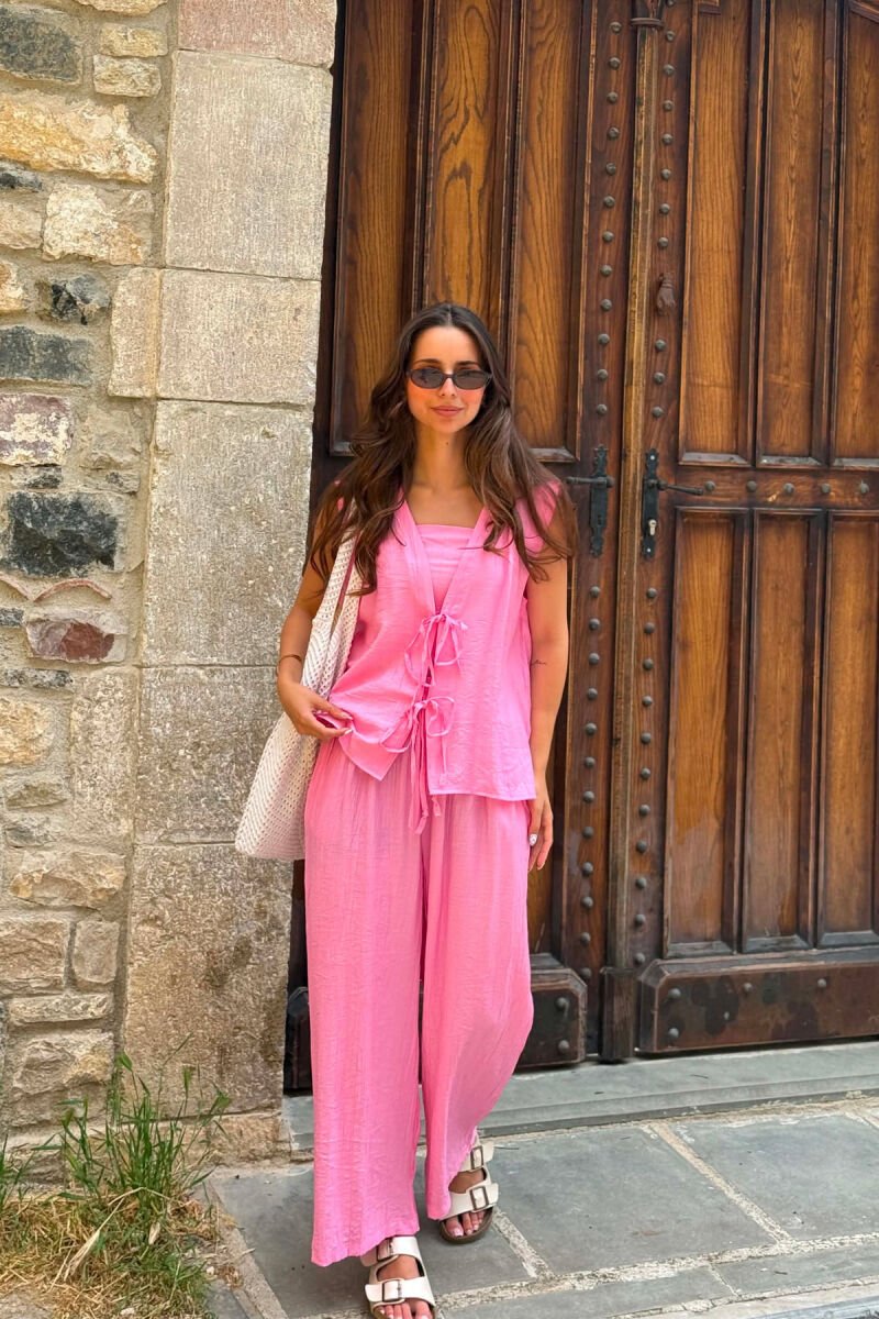 ONE COLOR LACING VEST+CROP TOP+TROUSERS WOMAN SET PINK/ROZE - 5