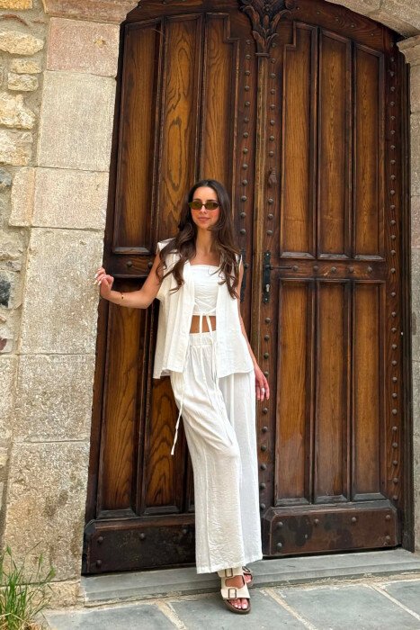 ONE COLOR LACING VEST+CROP TOP+TROUSERS WOMAN SET WHITE-E BARDHE - 3