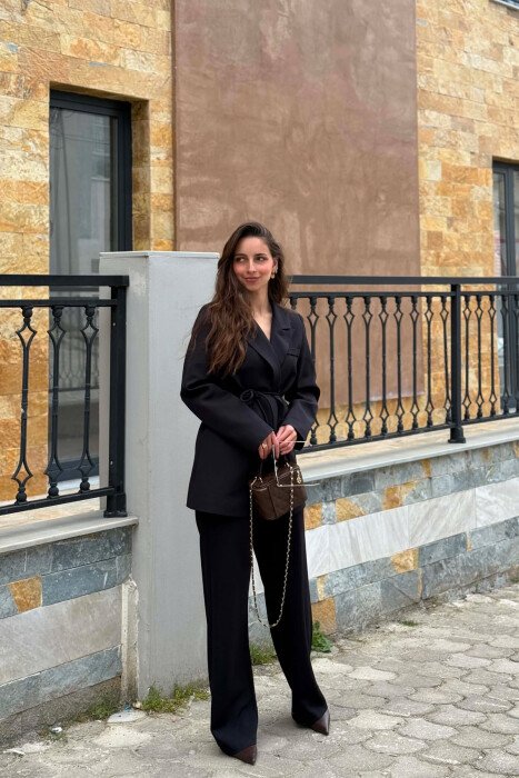 ONE COLOR LACING WAIST JACKET + TROUSERS WOMAN SET BLACK/ E ZEZE - KLAUDIO FASHION
