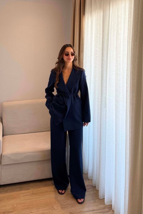 ONE COLOR LACING WAIST JACKET + TROUSERS WOMAN SET BLUE/BLU - 1