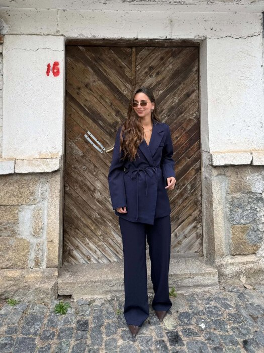 ONE COLOR LACING WAIST JACKET + TROUSERS WOMAN SET DARK BLUE/BEE - KLAUDIO FASHION
