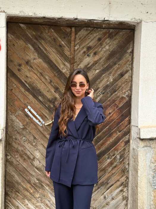 ONE COLOR LACING WAIST JACKET + TROUSERS WOMAN SET DARK BLUE/BEE - 2