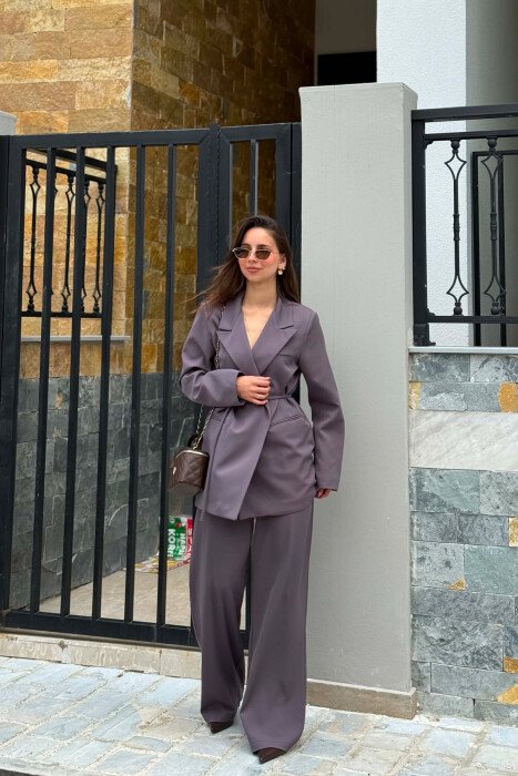 ONE COLOR LACING WAIST JACKET + TROUSERS WOMAN SET GREY/GRI - KLAUDIO FASHION