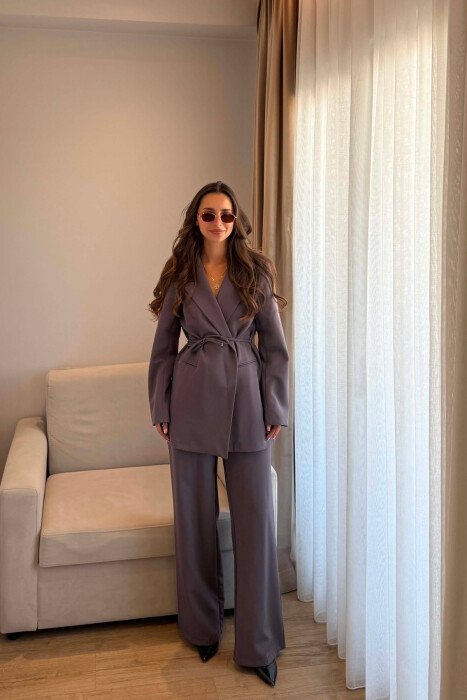 ONE COLOR LACING WAIST JACKET + TROUSERS WOMAN SET GREY/GRI - 1
