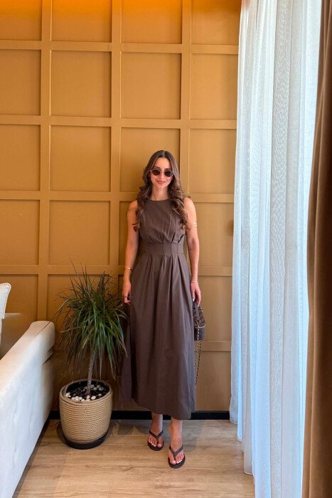 ONE COLOR LACING WAIST LONG WOMAN DRESS BROWN/KAFE - KLAUDIO FASHION