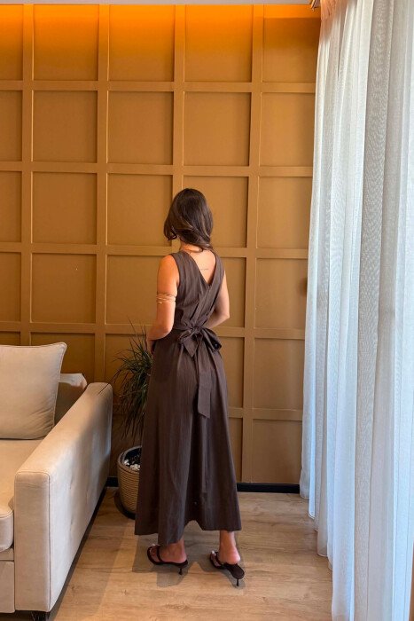 ONE COLOR LACING WAIST LONG WOMAN DRESS BROWN/KAFE - 2