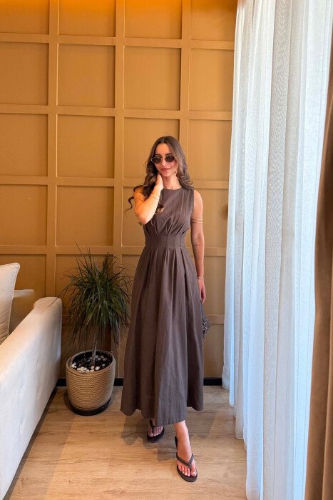 ONE COLOR LACING WAIST LONG WOMAN DRESS BROWN/KAFE - 4