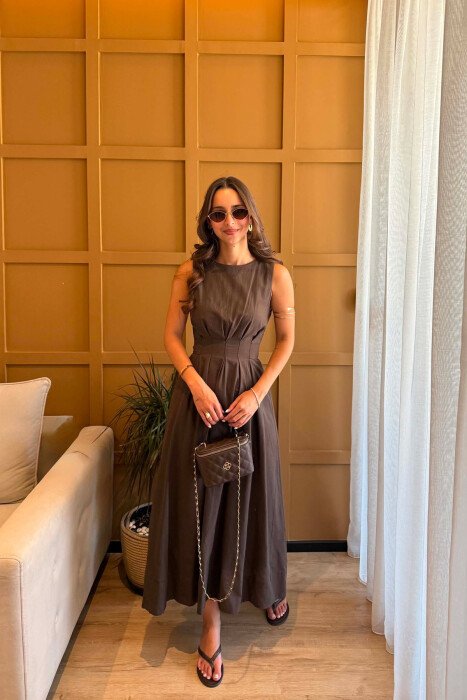 ONE COLOR LACING WAIST LONG WOMAN DRESS BROWN/KAFE - 5